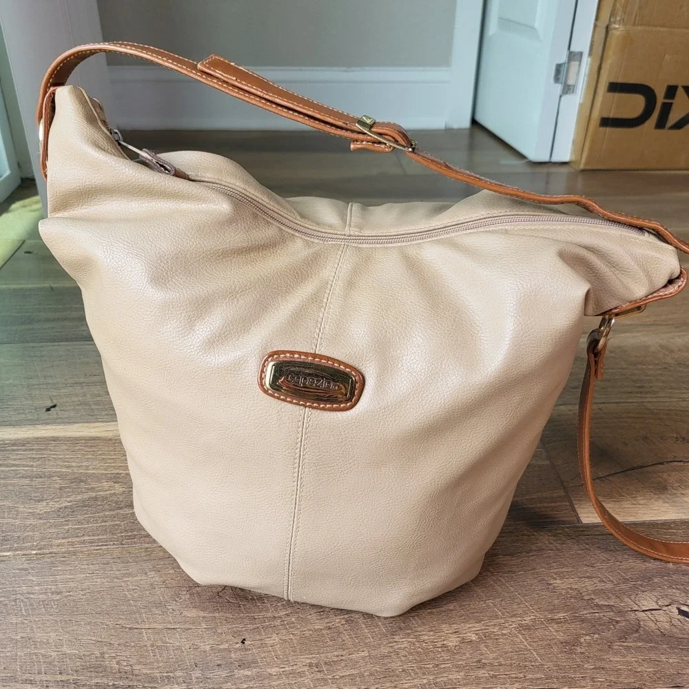 Capezio Vintage Beige Faux Leather Hobo Shoulder Bag Cognac Trim Gold Hardware